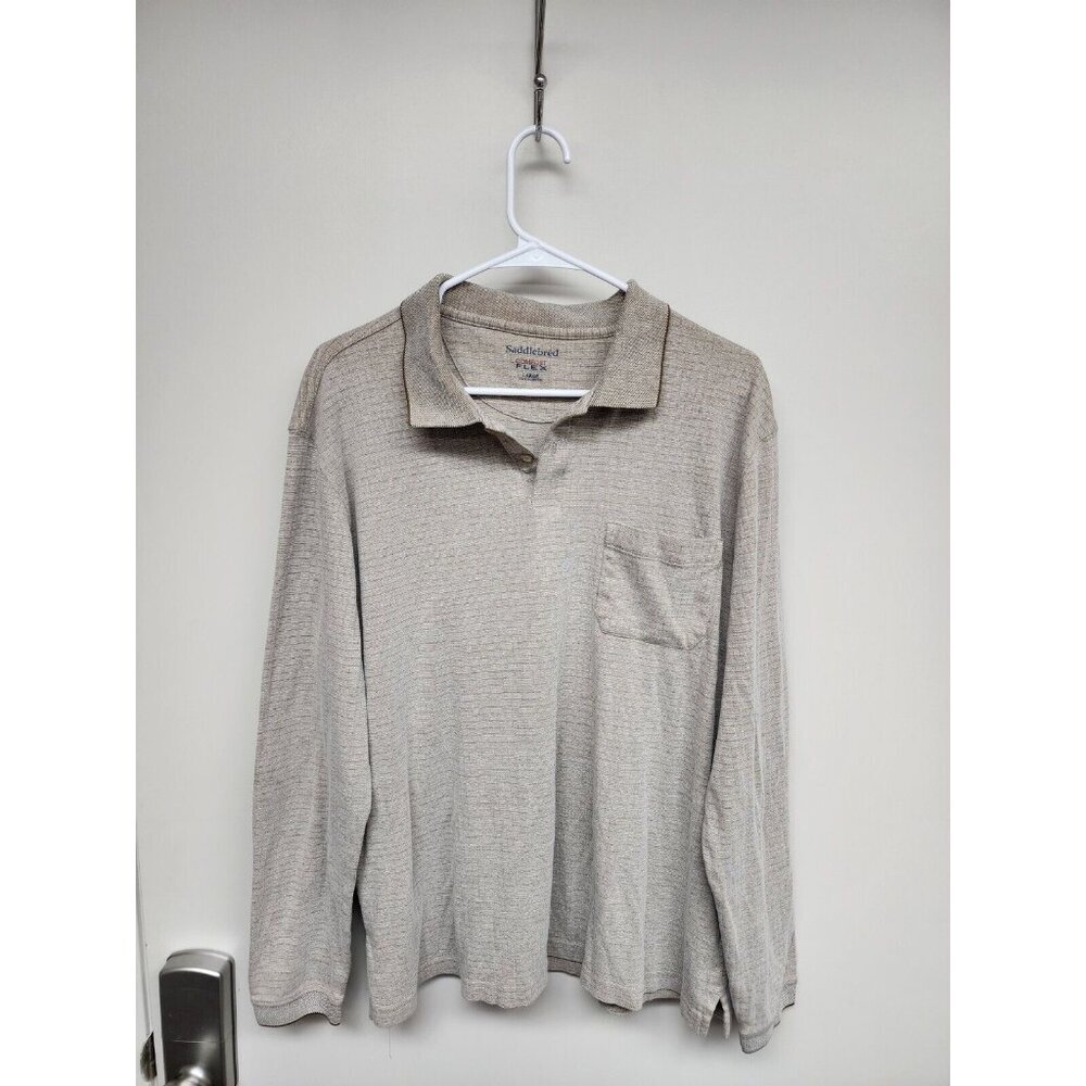 Saddlebred Comfort Flex Mens Long Sleeve Polo Large Beige/Brown Pin Stripped